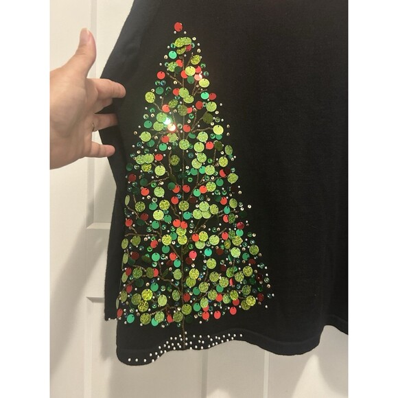BEREK Black Sequin Christmas Tree Sweater Women’s Size Large Whimsy Holiday Bead - Picture 3 of 5